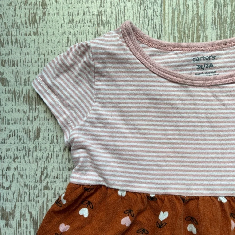 Carter's 3T Pink Stripe and Brown Heart Flowers Babydoll Top Short Sleeve